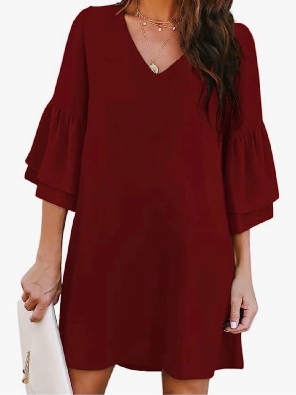 NWT Sz L Belongsci Burgundy Bell Sleeve Shift Dress Boho V Neck Mini